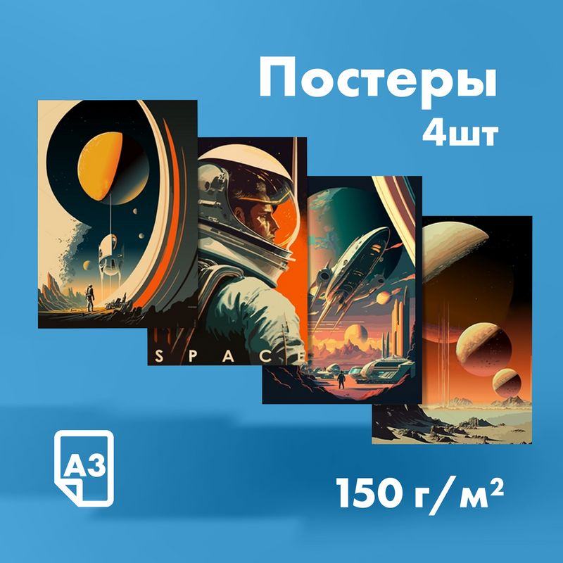 Комплектпостеров"космическаяодиссея"ретро,210х297мм,4шт