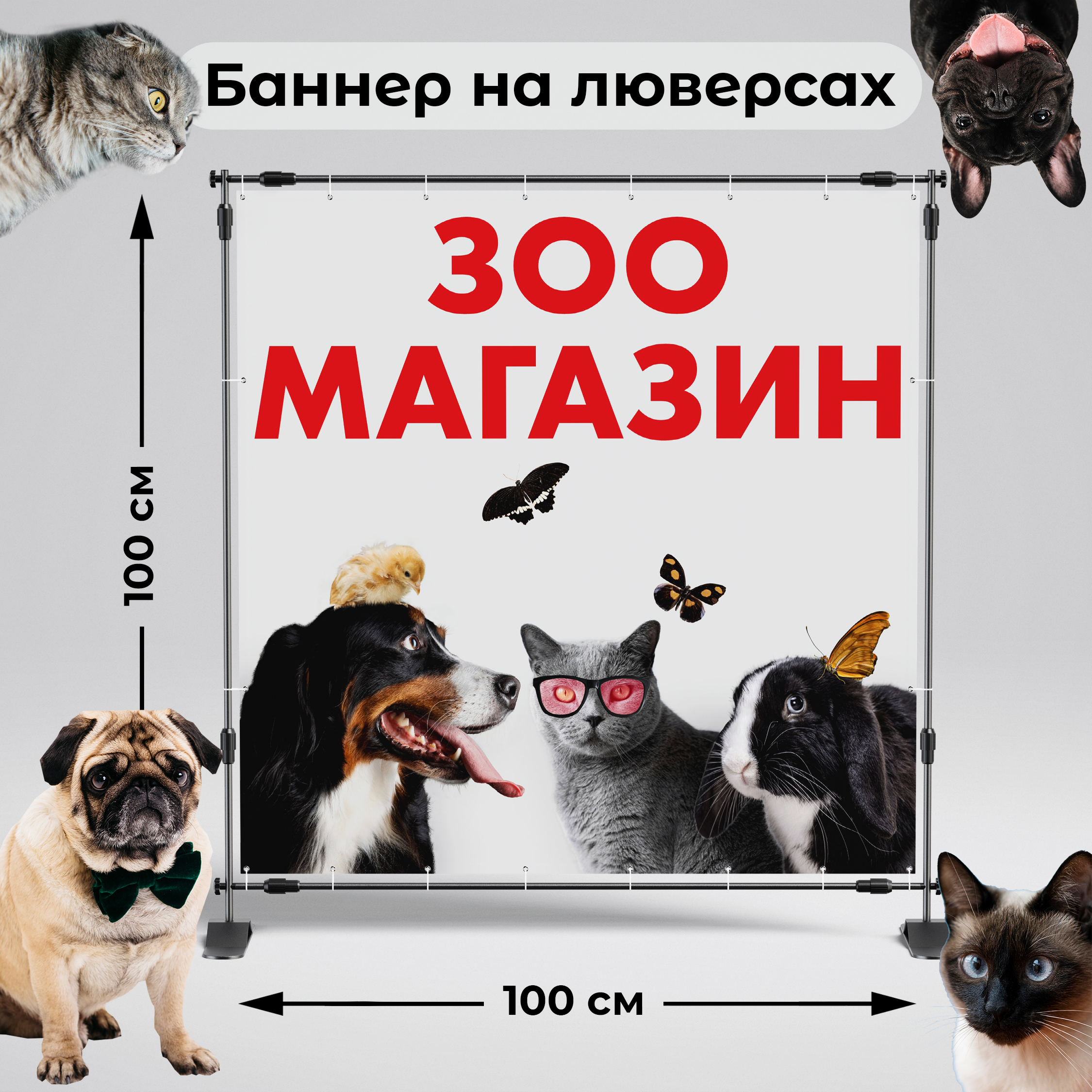 Рекламная вывеска-баннер "Зоомагазин" с животными 100х100 см