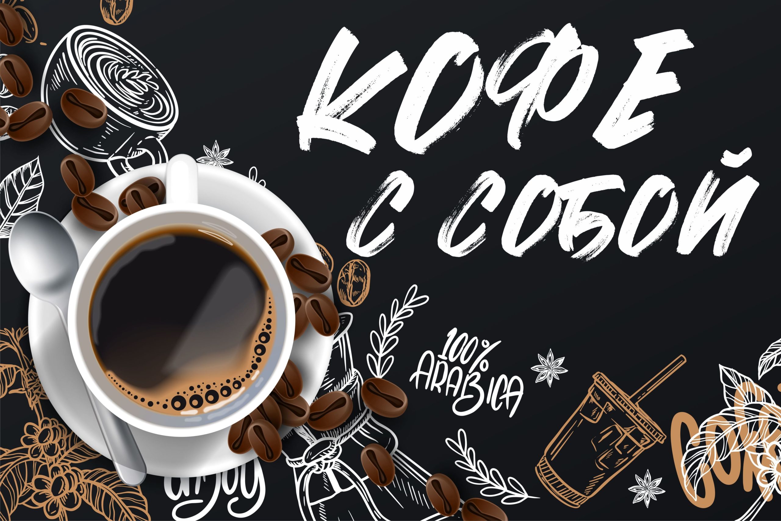 Рекламная вывеска-баннер "Кофе с собой" кофейные зёрна 100х150 см — изображение 6